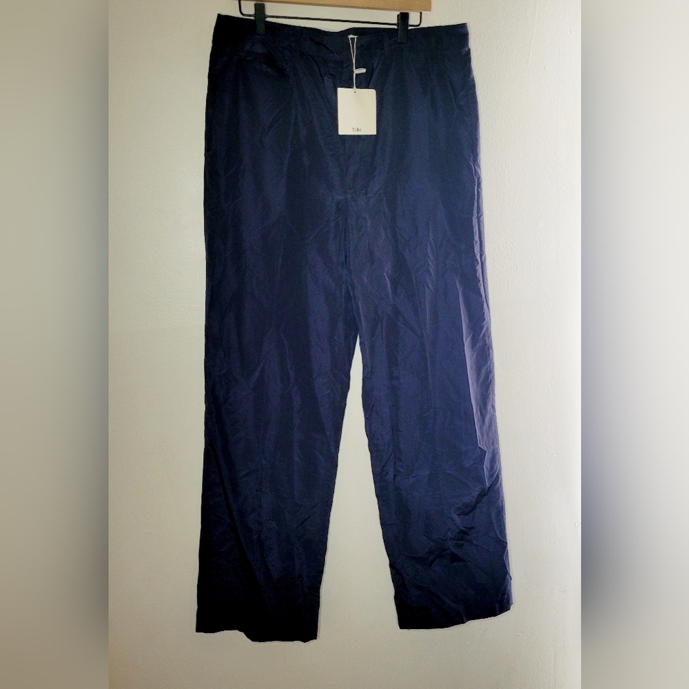 Tibi Pants Silk Blend Women's Blue Size 12 Dress Pant Lightweight Classic 90's